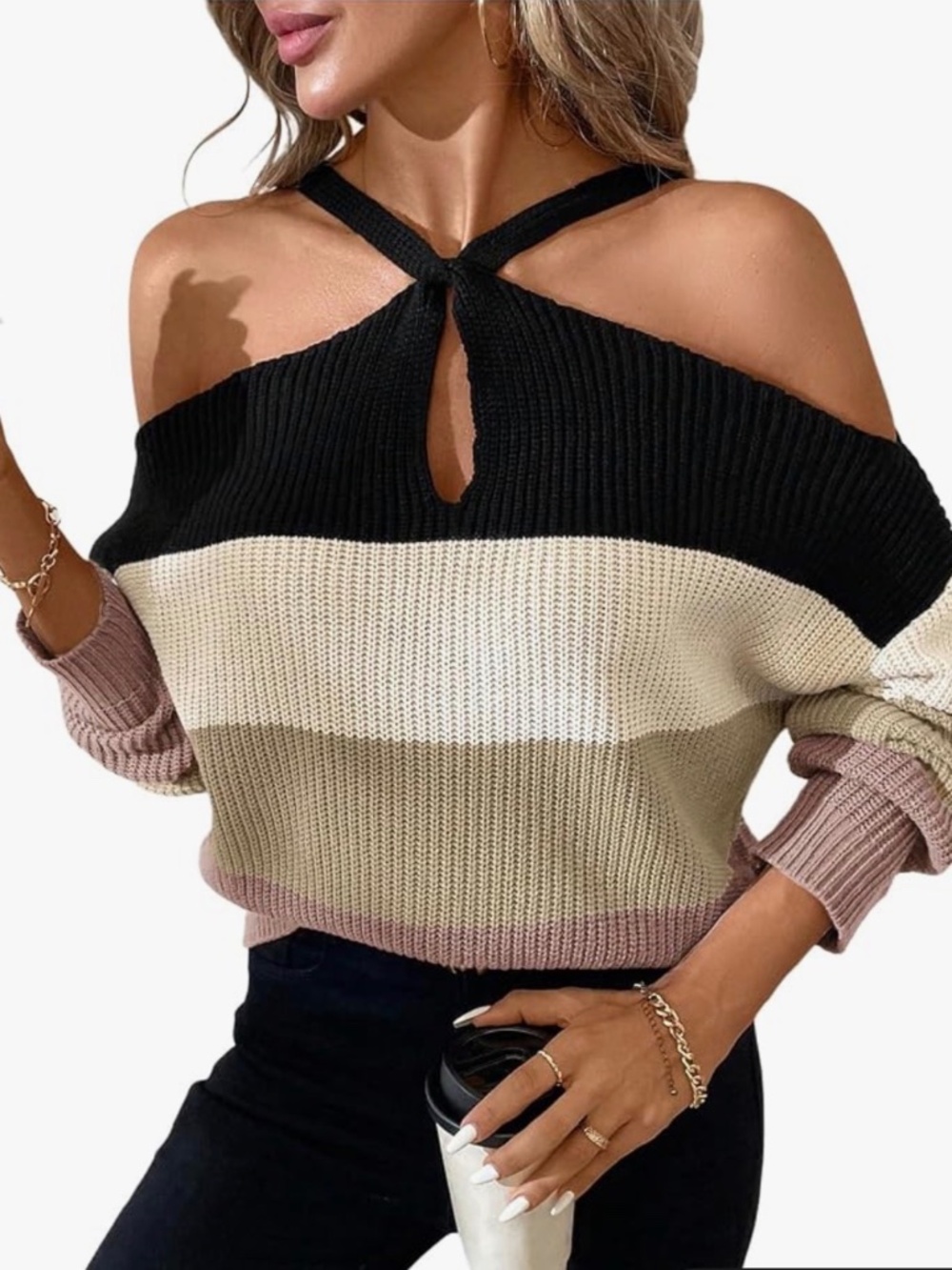 New Color-Block Cold-Shoulder Ribbed Knit Sweater - Black Cream Mocha Mauve (M)